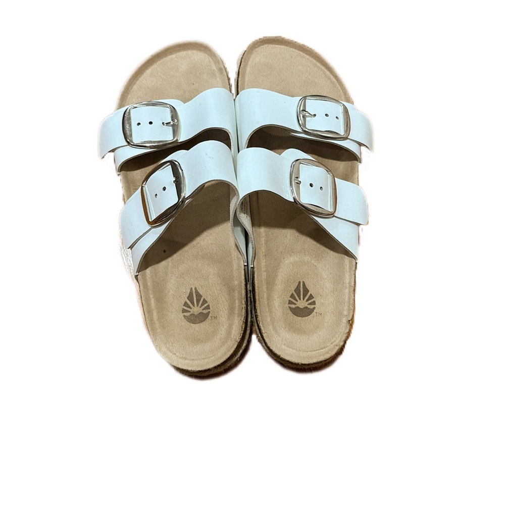 Academy Ltd Double-Buckle White & Tan Women's Slip on Platform Sandals